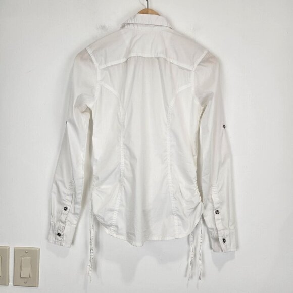 Gramicci Button Up Shirt Womens XS White Roll Tab Sleeves Ruched Sides Outdoor - Picture 3 of 11